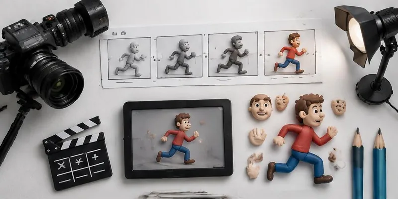 Video production desk with storyboard and animation models