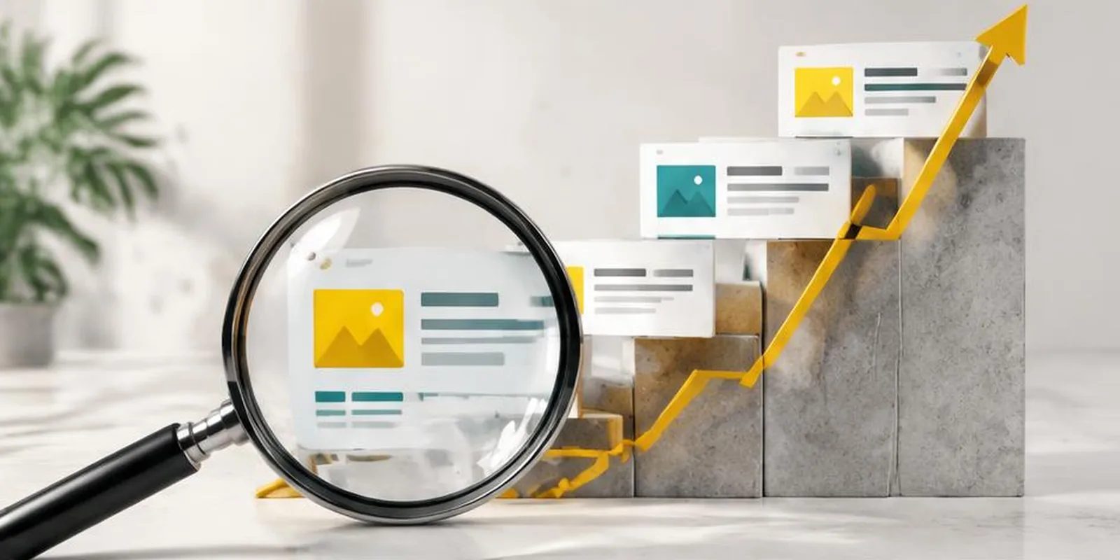 Search results climbing ranking stairs under a magnifier