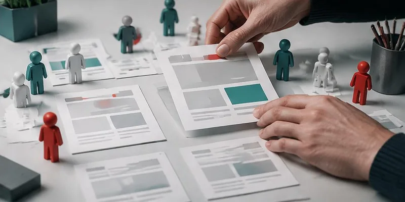 Hands reviewing interface wireframes with user models