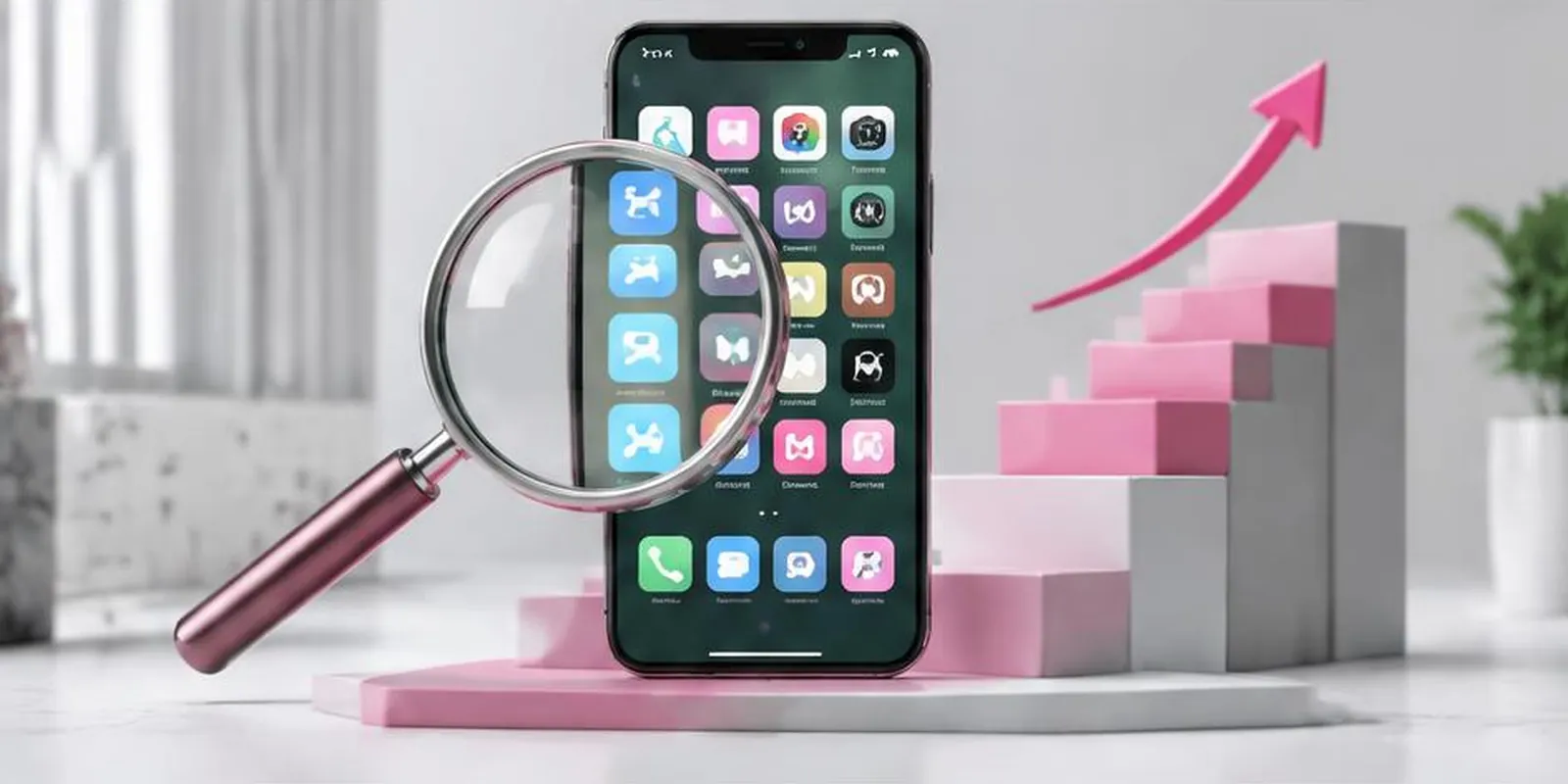 Magnifying glass over app icons and discovery steps