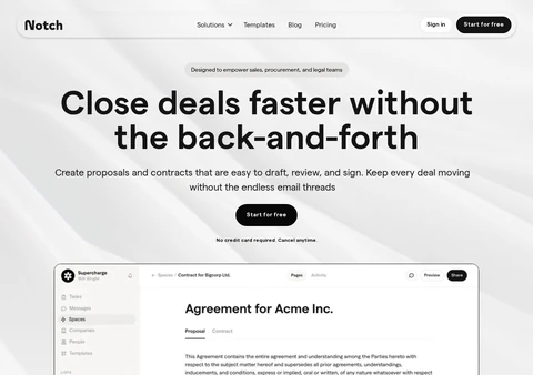 Notch proposal and contract platform website with a document preview