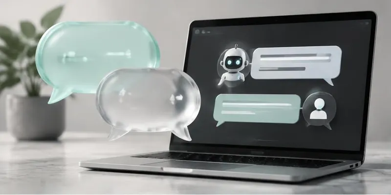 Chatbot conversation screen and glass speech bubbles