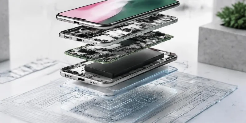 Exploded smartphone above architecture plans