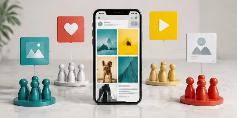 Phone and social content tiles connected to audiences