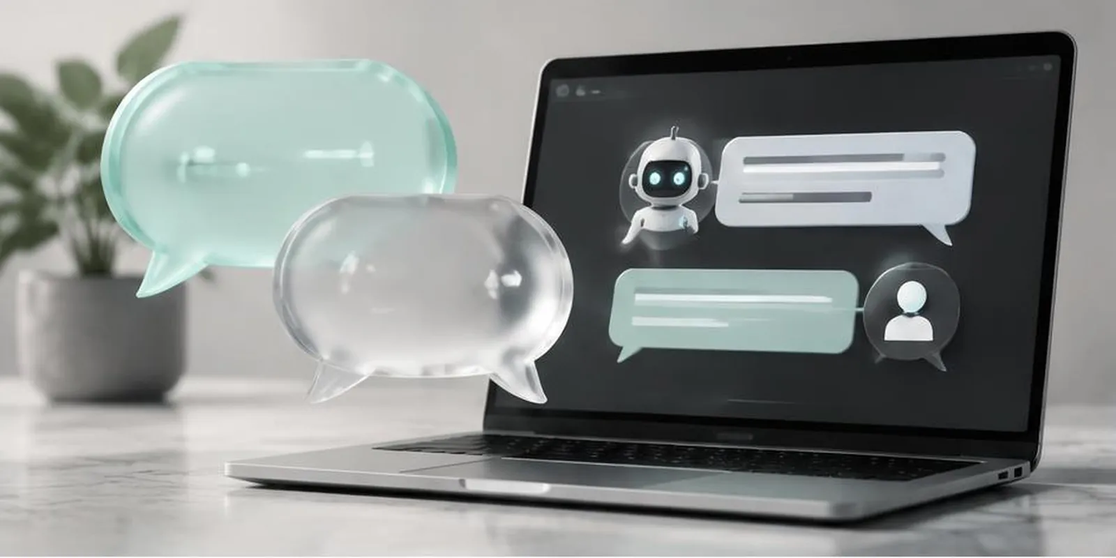Chatbot conversation screen and glass speech bubbles