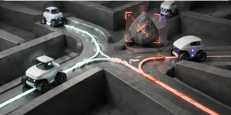 Autonomous agents navigating a maze with obstacles
