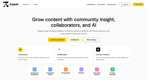 Zupyak community and AI content creation product page