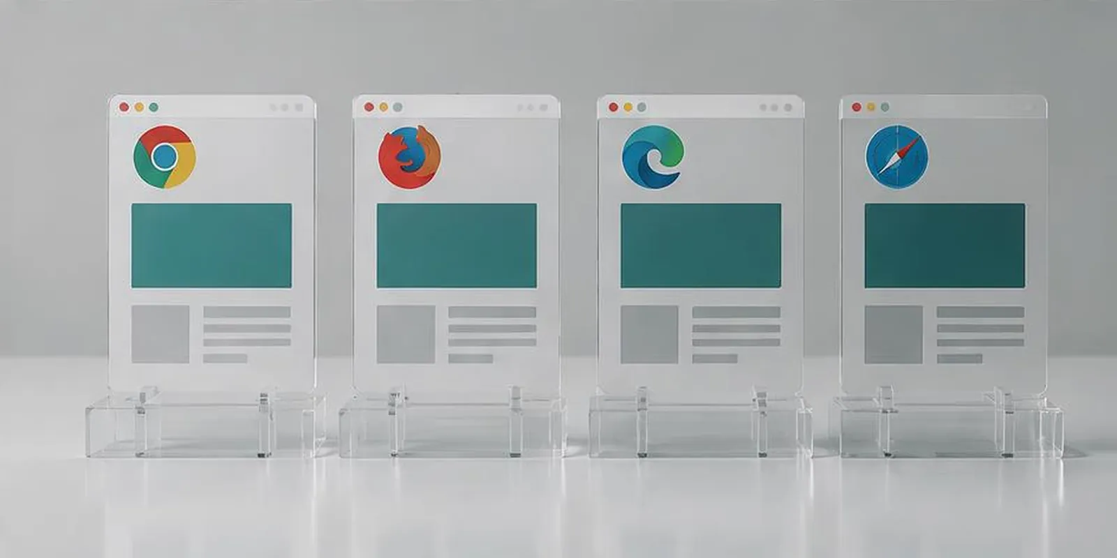 Four browser layouts on transparent stands