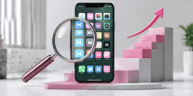 Magnifying glass over app icons and discovery steps