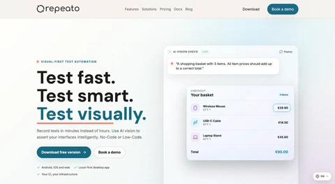 Repeato no-code test automation website with a visual shopping basket test